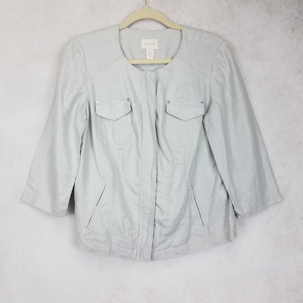 Chicos Lightweight Jacket Size 0 XS Linen Silver Zipper 3/4 Sleeves Preppy Work